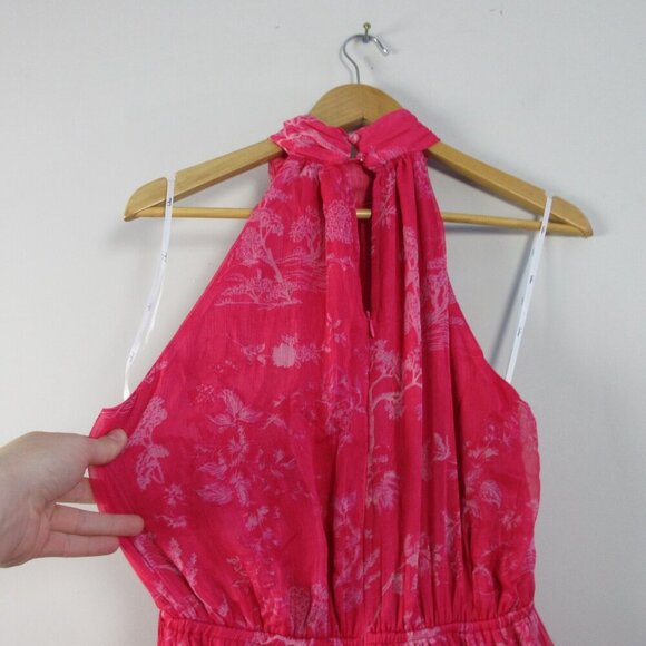 Lulus Halter Tiered Midi Dress S Hot Pink Floral Float to You Boho Cocktail 364 - Picture 8 of 14
